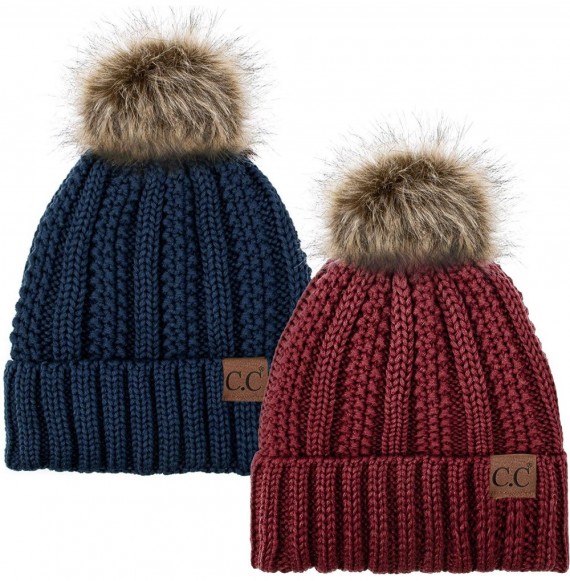Skullies & Beanies Thick Cable Knit Hat Faux Fur Pom Fleece Lined Cap Cuff Beanie 2 Pack - Burgundy/Navy - CQ1924ZQ94T