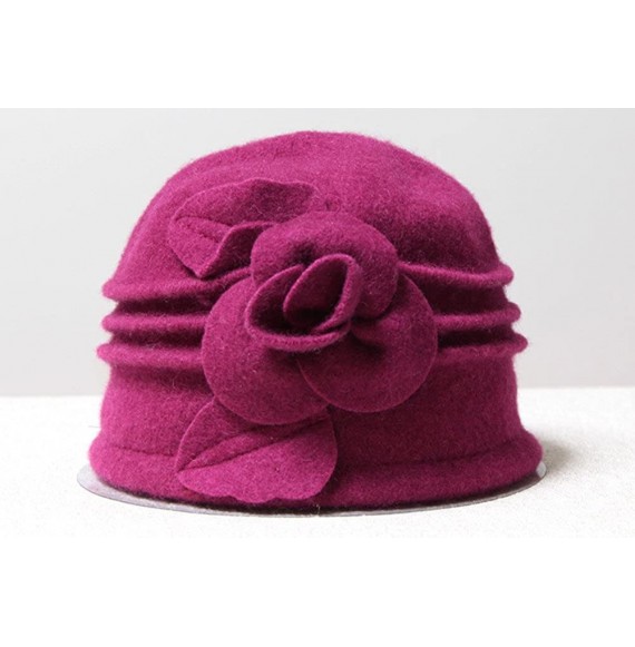 Skullies & Beanies Women 100% Wool Felt Round Top Cloche Hat Fedoras Trilby with Bow Flower - A3 Fuschia - CE185AGQYND