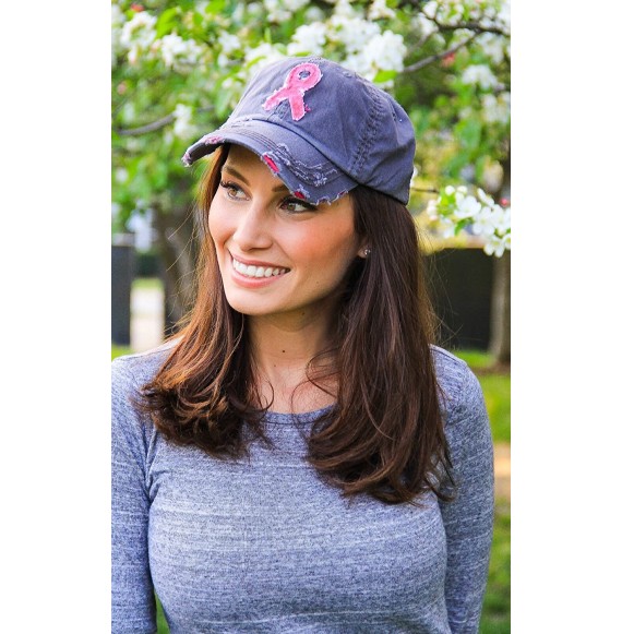 Baseball Caps Women's Breast Cancer Awareness Pink Ribbon Logo Hope Shredded Baseball Hat Cap - Grey - CK17YXDUG5A