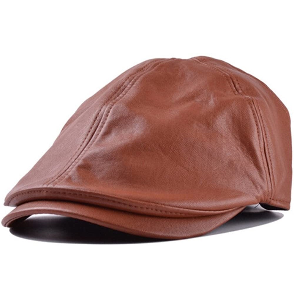 Newsboy Caps Mens Women Vintage Leather Beret Cap Peaked Hat Newsboy Sunscreen Brown - C618HYLLZTX