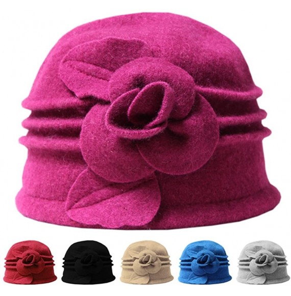 Skullies & Beanies Women 100% Wool Felt Round Top Cloche Hat Fedoras Trilby with Bow Flower - A3 Fuschia - CE185AGQYND