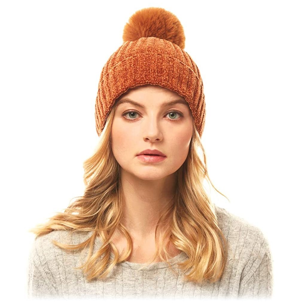 Skullies & Beanies Me Plus Women Fashion Fall Winter Soft Cable Knitted Faux Fur Pom Pom Beanie Hat - Solid Chenille - Brown ...