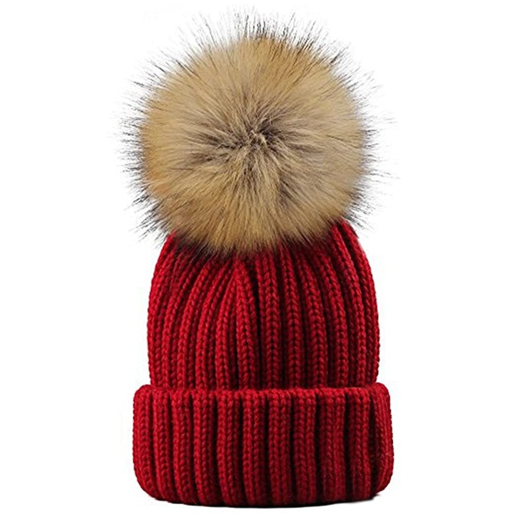 Skullies & Beanies Knitted Warm Winter Slouchy Beanie Hats with Faux Fur Pom Pom Hat Chunky Slouchy Ski Cap - Wine - C5188HTZ7KU