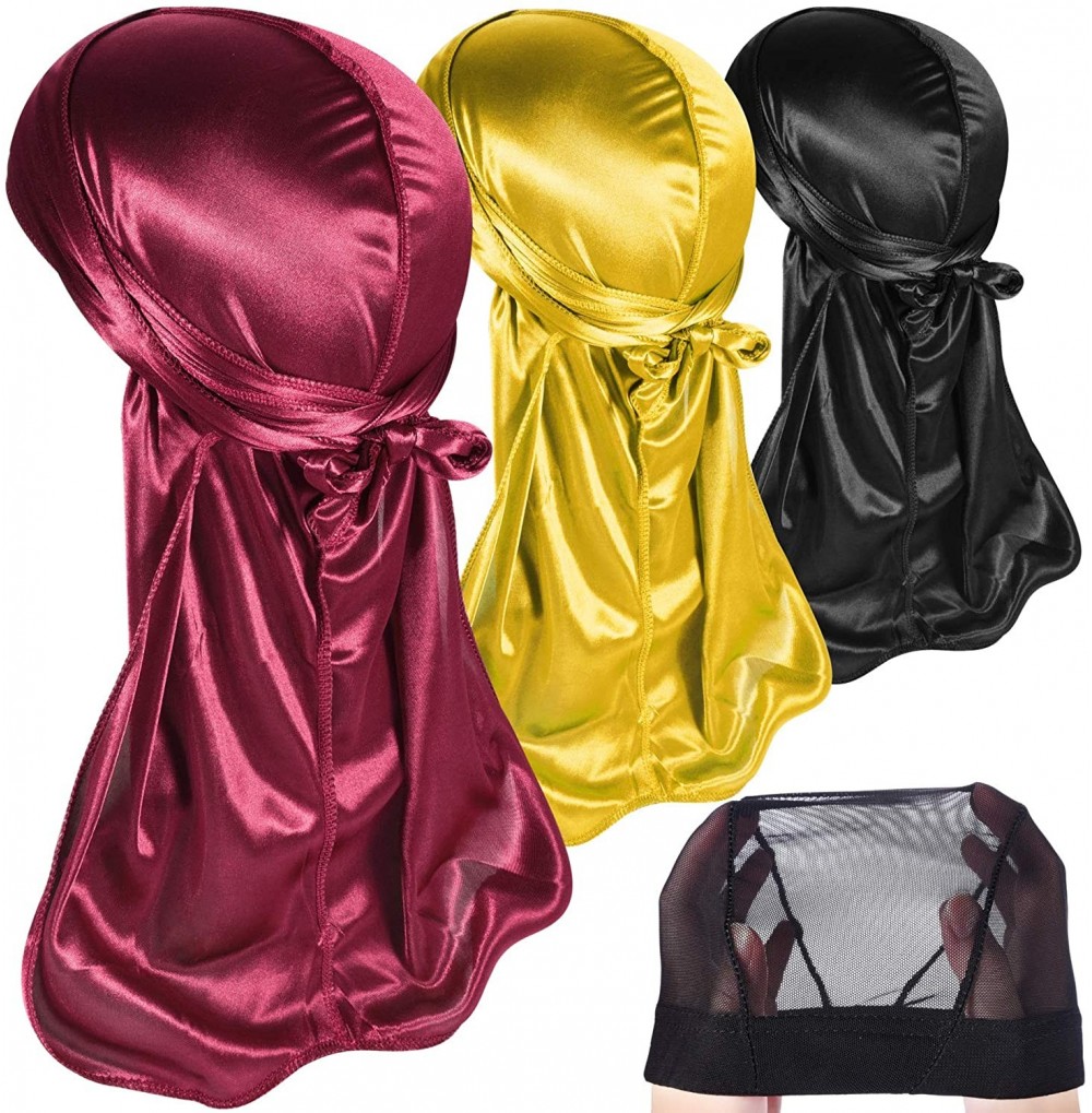 Skullies & Beanies 3PCS Silky Durags Pack for Men Waves- Satin Doo Rag- Award 1 Wave Cap - A-style K - CC196I8OXC0