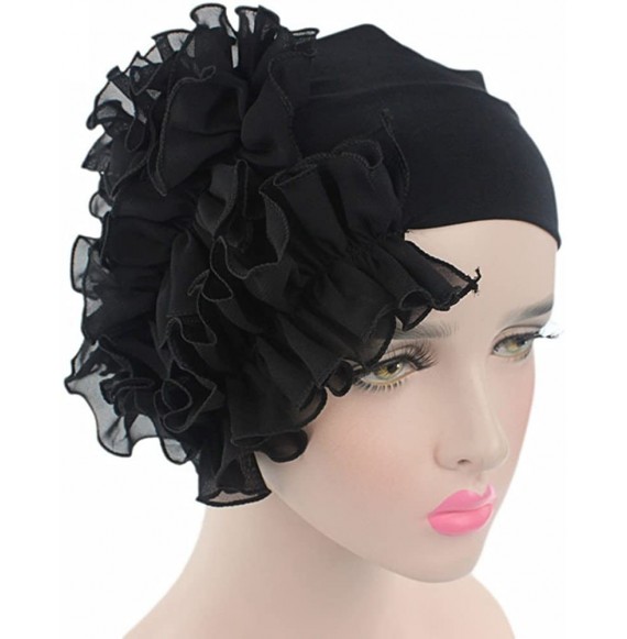 Skullies & Beanies Women Flower Solid Ruffle Cancer Chemo Elegant Hat Beanie Turban African Head Scarf Wrap Cap - Black - CD1...