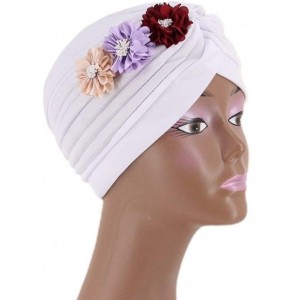 Skullies & Beanies Shiny Metallic Turban Cap Indian Pleated Headwrap Swami Hat Chemo Cap for Women - White Flower - CS18Z62XWM5