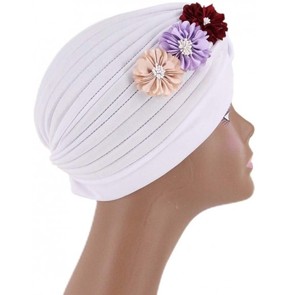 Skullies & Beanies Shiny Metallic Turban Cap Indian Pleated Headwrap Swami Hat Chemo Cap for Women - White Flower - CS18Z62XWM5