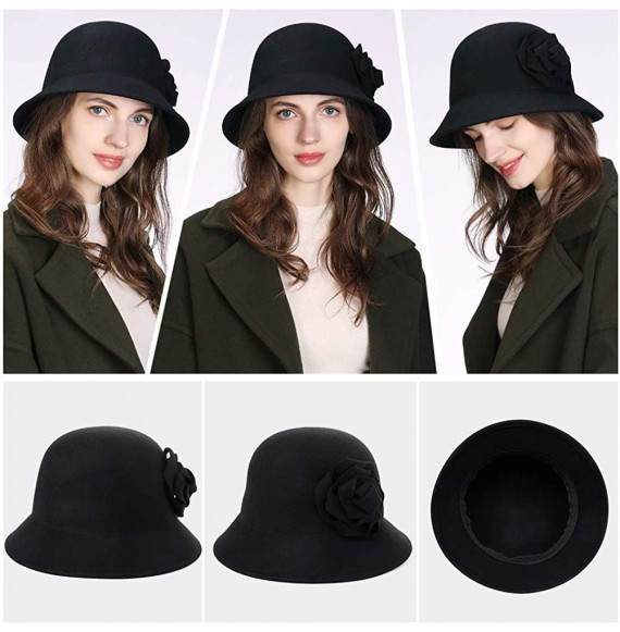 Bucket Hats Women Winter Wool Bucket Hat 1920s Vintage Cloche Bowler Hat with Bow/Flower Accent - 00790black_100% Wool - CV18...