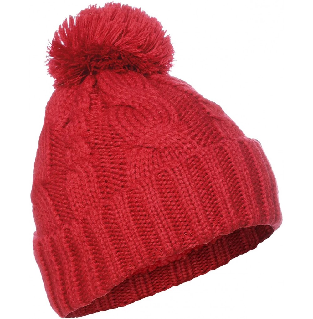 Skullies & Beanies Women Chunky Soft Strech Cable Knit Pom Pom Beanie Sherpa Fleece Lined - Red - C318KIOECDS