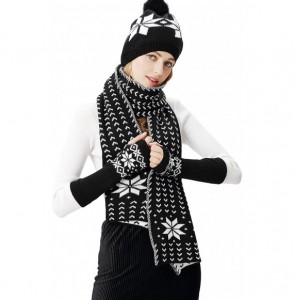 Skullies & Beanies Women Scarf & Glove Set- Knitted Snowflake Detail & Matching Beanie Cap - Black - C5120G8N667