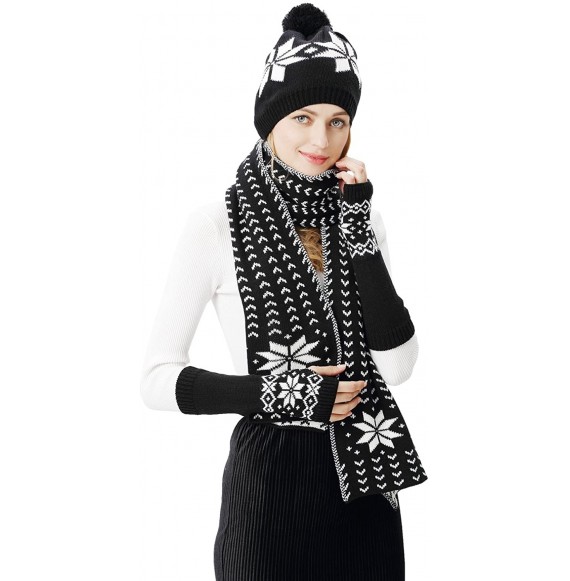 Skullies & Beanies Women Scarf & Glove Set- Knitted Snowflake Detail & Matching Beanie Cap - Black - C5120G8N667