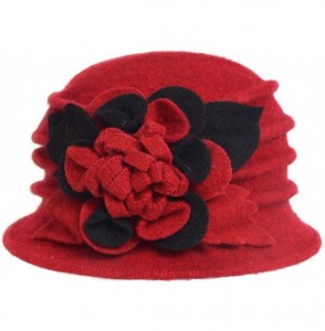 Bucket Hats Lady 100% Wool Floral Bucket Cloche Bowler Hat Felt Dress Hat XC020 - Red - C612LW25MB3