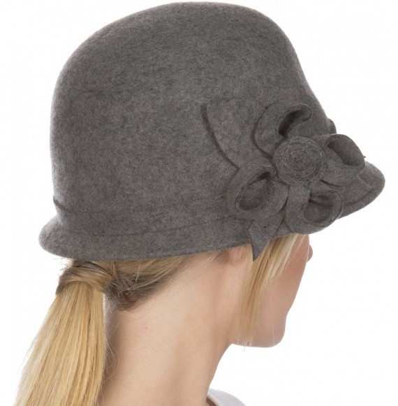 Bucket Hats Womens Vintage Style 100% Wool Cloche Bucket Winter Hat with Ribbon Flower Accent - Charcoal/One Size - CQ1177TKMTN