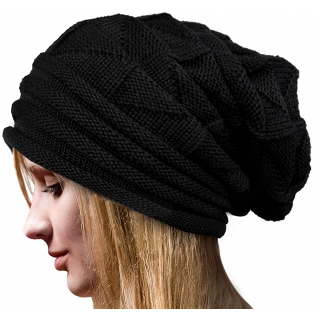 Skullies & Beanies Women's Chunky Hat Soft Stretch Knit Warm Fuzzy Lined Skully Beanie Oversized Cable Cap - Black - CQ18KKM0E7Z