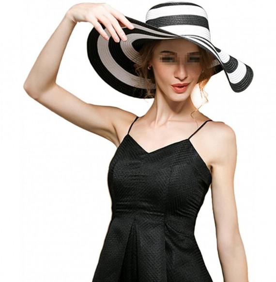 Sun Hats Summer Black and White Stripe Straw Hat Foldable Wide Brim Sun Hat Cap - CT12GKQGT8L