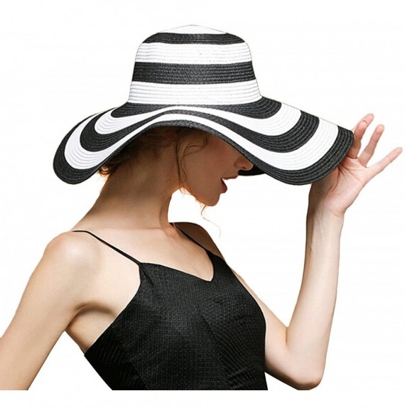 Sun Hats Summer Black and White Stripe Straw Hat Foldable Wide Brim Sun Hat Cap - CT12GKQGT8L