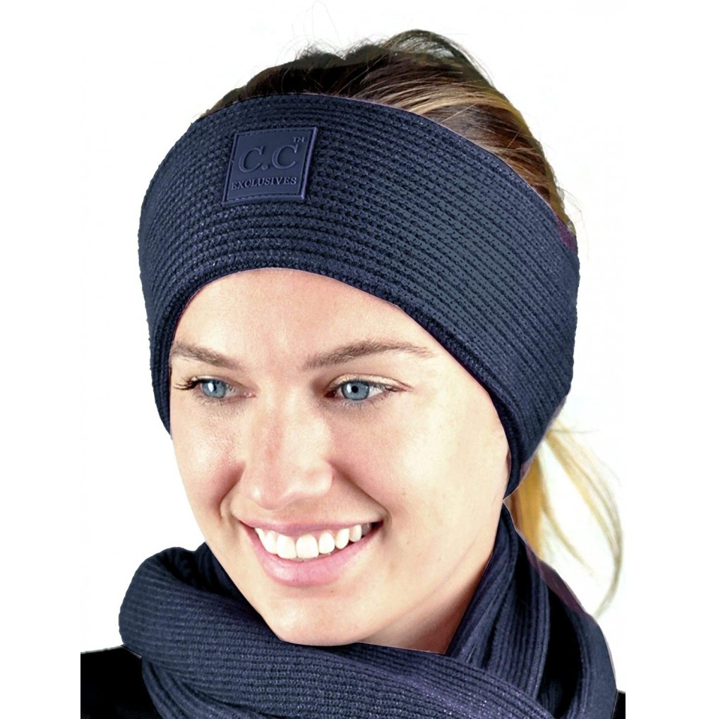 Cold Weather Headbands Unisex Winter Thick Ribbed Knit Stretchy Plain Ear Warmer Headband - Navy - C318Y3A0G8M