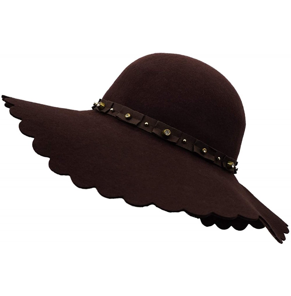 Fedoras Women's Wide Brim Wool Ribbon Band Floppy Hat - Rhinestone Style_coffee - CP18I05A3U9