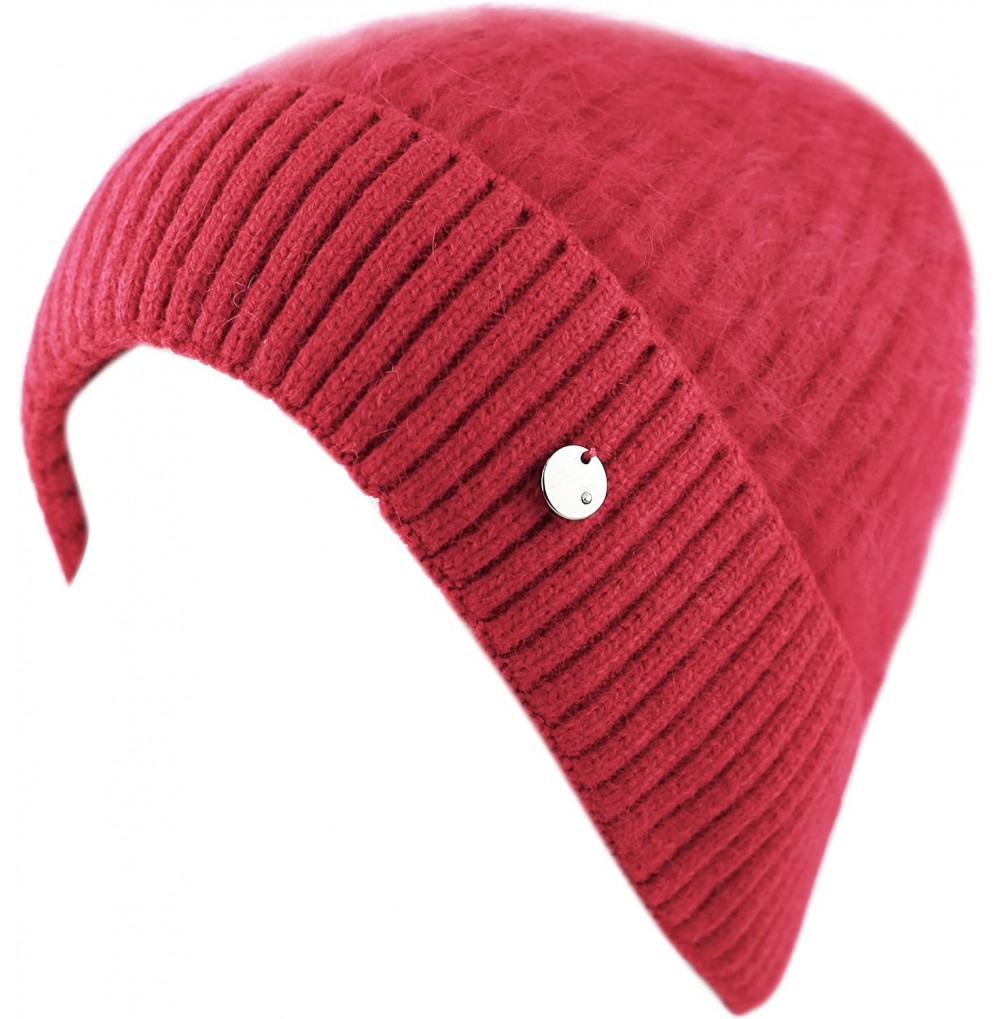 Skullies & Beanies Women's Rabbit Fur Cuff Knit Beanie Fleece Lined Skully Winter Hat - Red - C812N8XVUU3