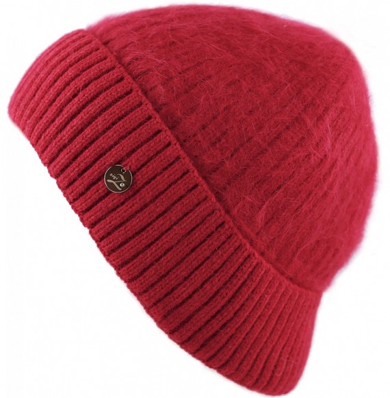 Skullies & Beanies Women's Rabbit Fur Cuff Knit Beanie Fleece Lined Skully Winter Hat - Red - C812N8XVUU3