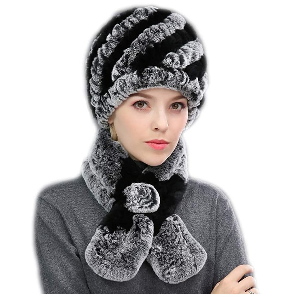 Skullies & Beanies Women's Real Rex Rabbit Fur Hat and Real Rabbit Fur Scarf 1 Set Winter Warm Fashion - Black + Gray - CB18U...