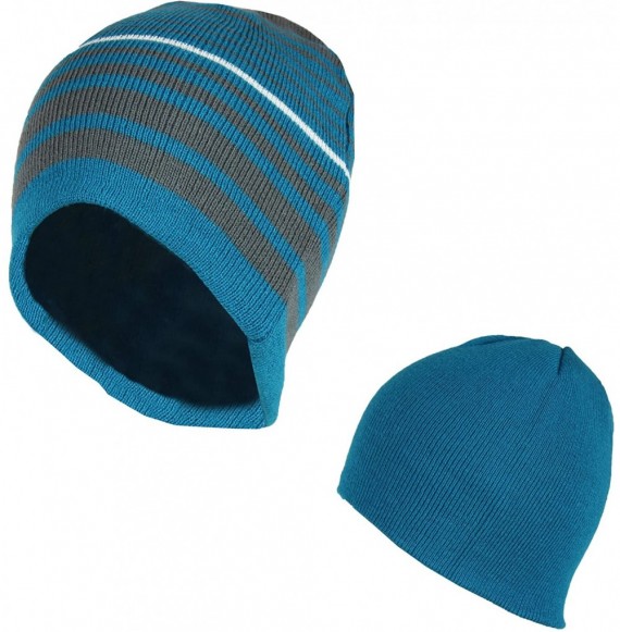 Skullies & Beanies 2 in 1 Reversible Striped & Solid Knit Beanie Hat - Winter Snug Fit Skull Cap - Blue/Grey - C718649W4U8
