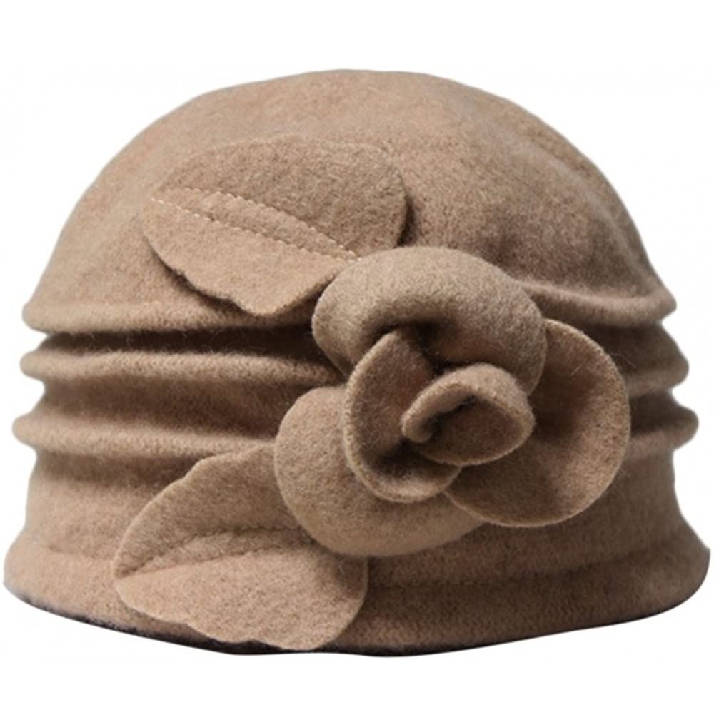 Fedoras Women 100% Wool Solid Color Round Top Cloche Beret Cap Flower Fedora Hat - 4 Khaki - CD186X3W55L
