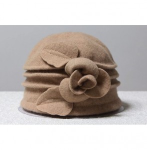Fedoras Women 100% Wool Solid Color Round Top Cloche Beret Cap Flower Fedora Hat - 4 Khaki - CD186X3W55L
