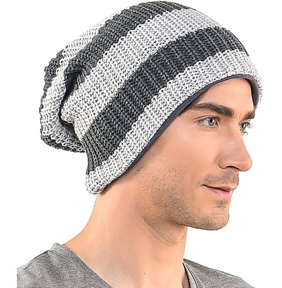 Skullies & Beanies Mens Slouchy Long Beanie Knit Cap for Summer Winter- Oversize - Grey With Grey - C91213SBLEX