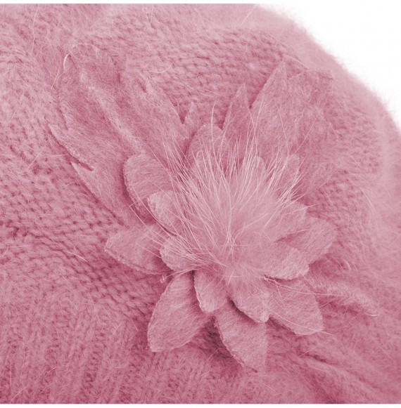 Berets Women's Winter Hat French Beret Solid Floral Decoration Knit Beanie Cap - Fuchsia - CK188TKRMA0