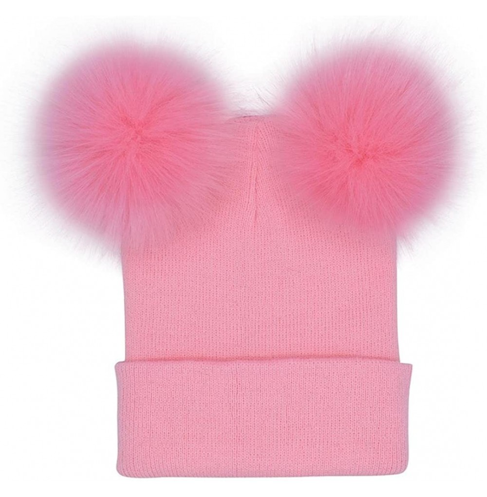 Skullies & Beanies Winter Warm Women Crochet Knit Double Faux Fur Pom Pom Beanie Hat Cap - Pink - C5187AH4YKN