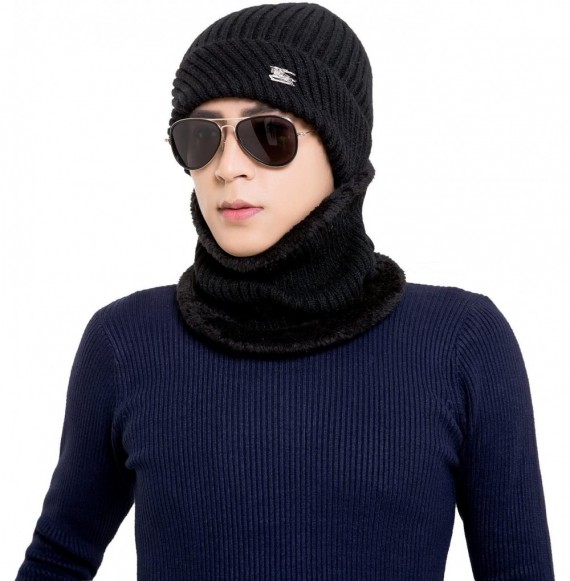 Skullies & Beanies Winter Beanie Hat Scarf Set Fleece Lining Warm Knit Hat Thick Knit Skull Cap - Black - CS1878K6YKY