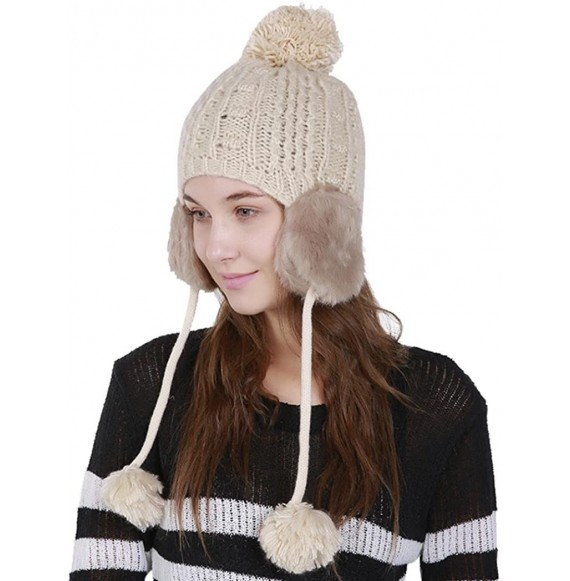 Skullies & Beanies Women's Winter Warm Crochet Cap Wool Knit Ski Beanie Hat with Ear Flaps - Beige - C7188H4YZWQ
