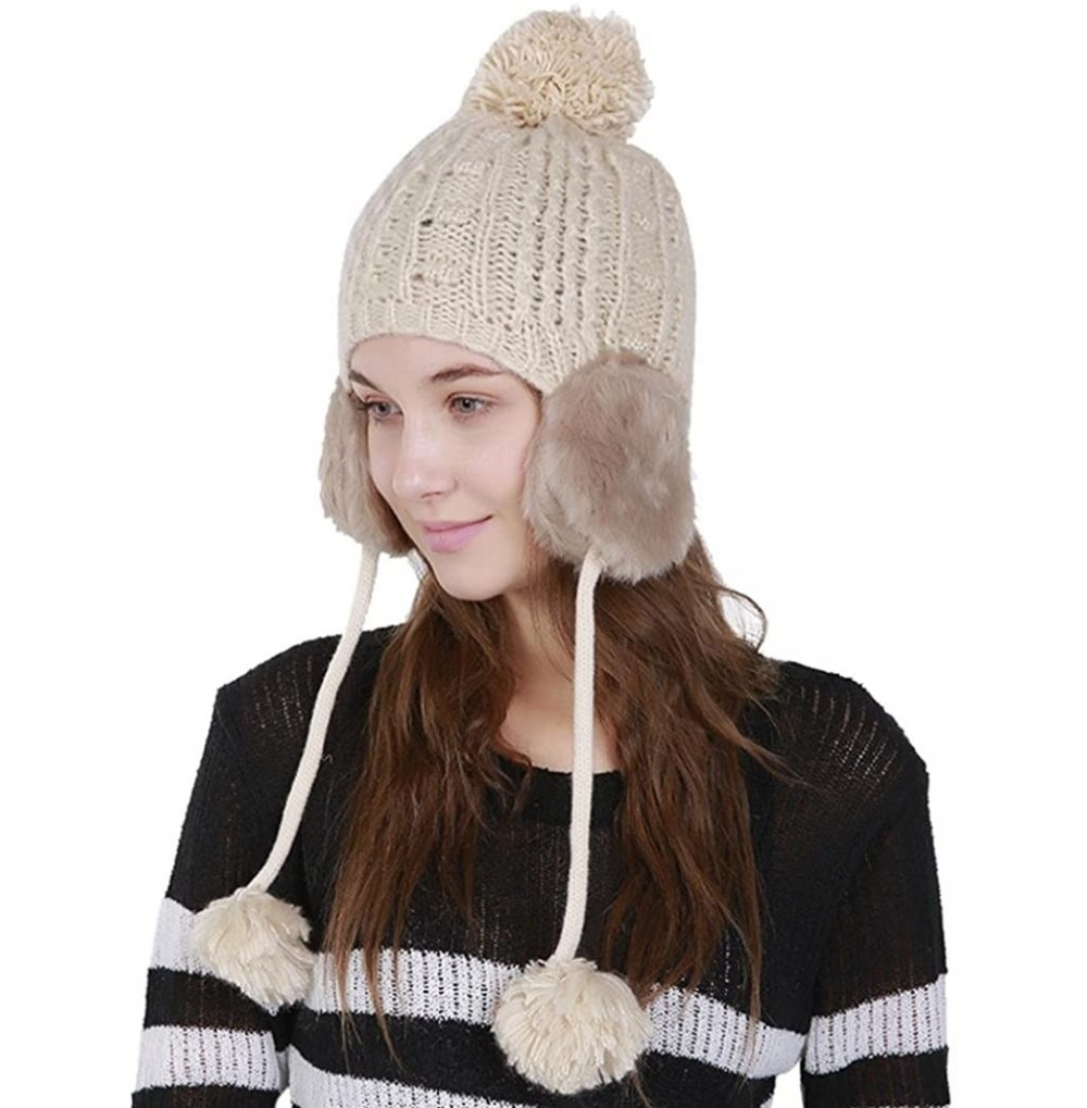 Skullies & Beanies Women's Winter Warm Crochet Cap Wool Knit Ski Beanie Hat with Ear Flaps - Beige - C7188H4YZWQ
