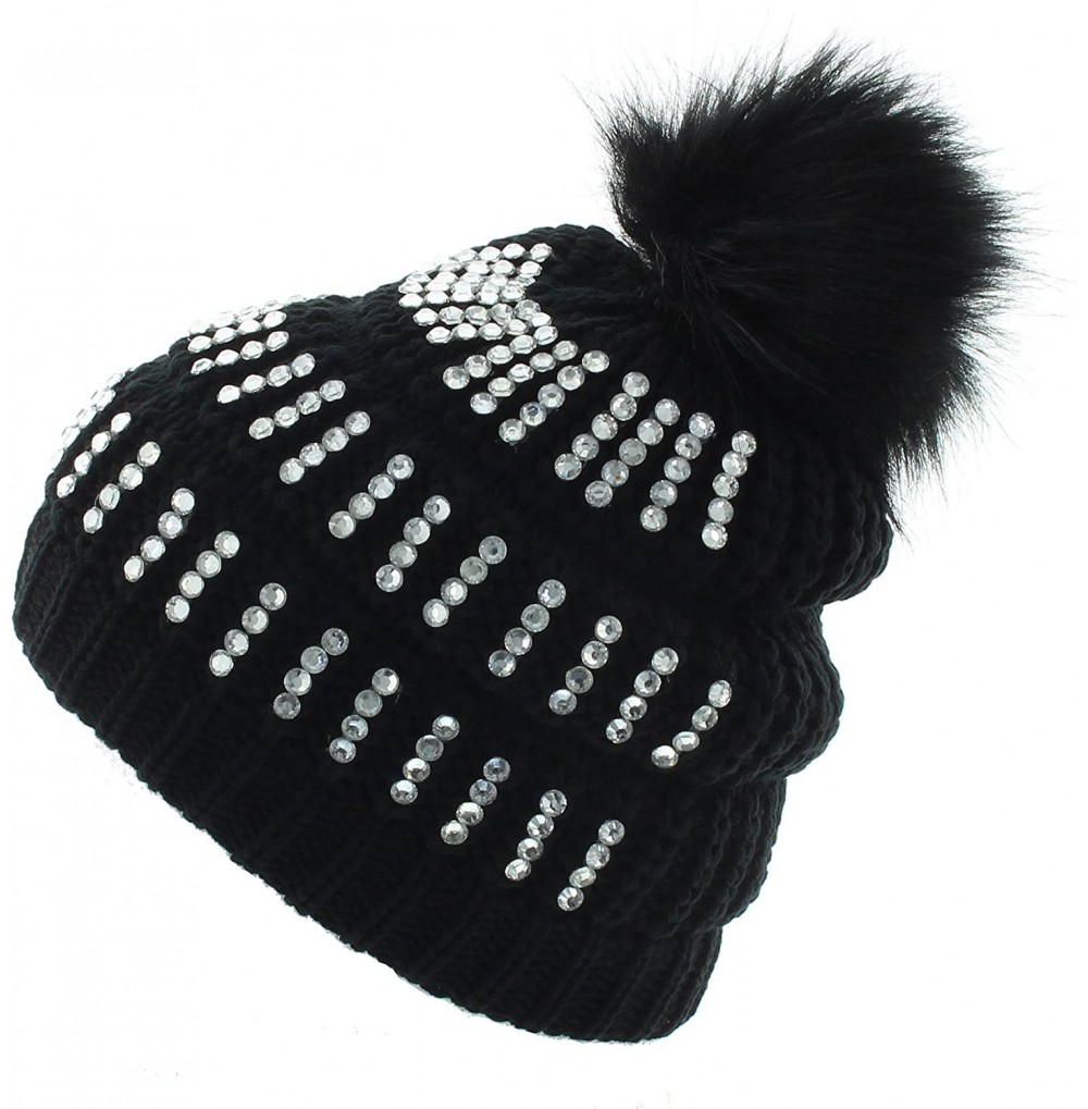Skullies & Beanies Women's Faux Fur Pompom Winter Knit Beanie w/Sequins - Black - CC180HCD9K9