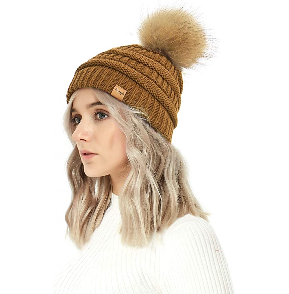 Skullies & Beanies Cable Knit Pom Pom Beanie Womens Winter Warm Faux Fur Pompoms Bobble Ski Hat Cap - Sandy Brown - C118K4X3QRE