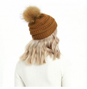 Skullies & Beanies Cable Knit Pom Pom Beanie Womens Winter Warm Faux Fur Pompoms Bobble Ski Hat Cap - Sandy Brown - C118K4X3QRE