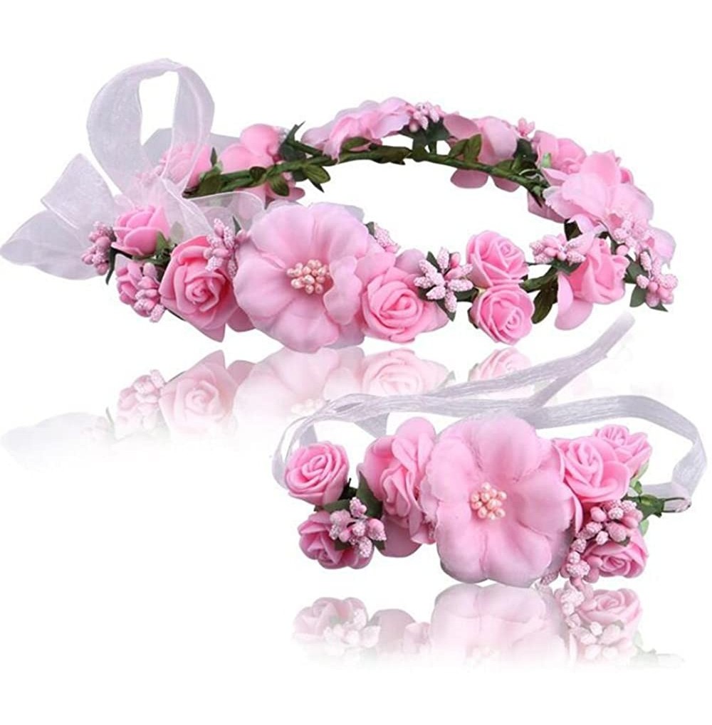 Headbands Flower Crown Wedding Hair Wreath Floral Headband Garland Wrist Band Set - pink - CY18CGRW3L9