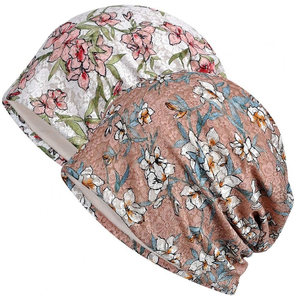 Skullies & Beanies Womens Cotton Beanie Lace Turban Soft Sleep Cap Chemo Hats Fashion Slouchy Hat - 2 Pack-16 - CS194MYDCRA