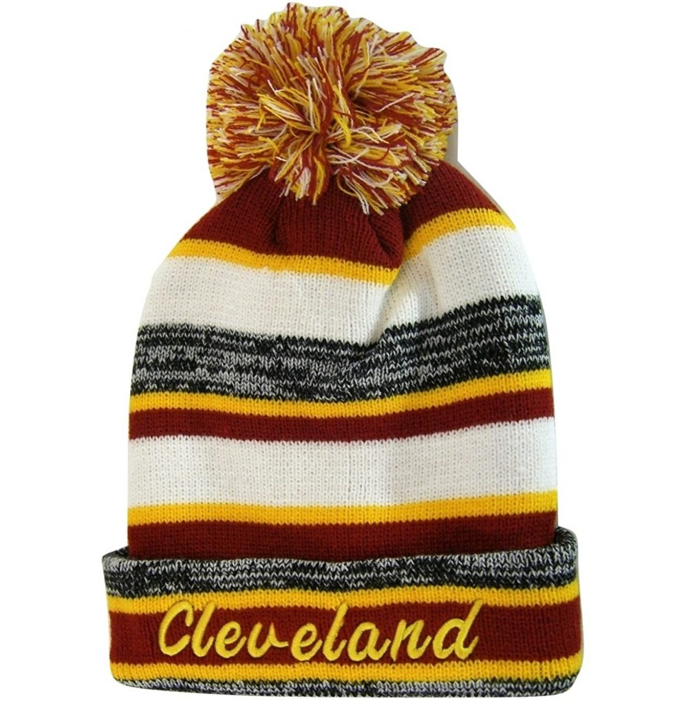 Skullies & Beanies Cleveland 4-Color Embroidered Adult Size Thick Winter Knit Pom Beanie Hat - Gold Script - CY186ZIGTK0