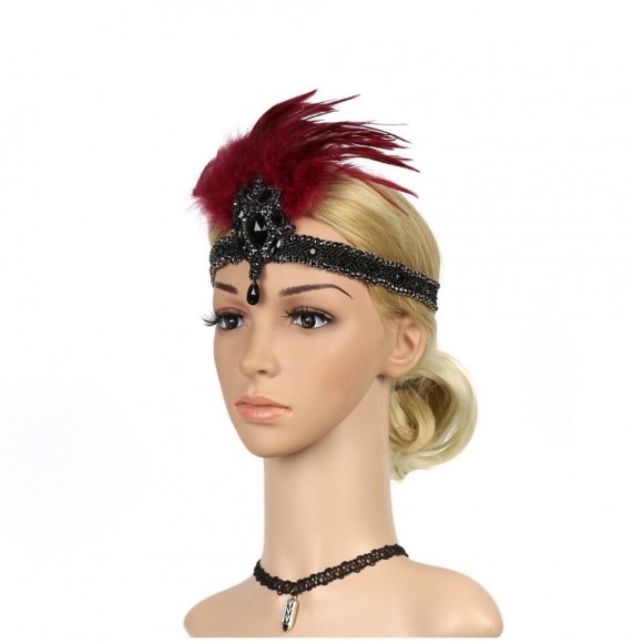 Headbands 1920s Headpiece Carnival Flapper Vintage Feather Gatsby Art Deco Wine Red - Wine Red - CW18KNON6TG