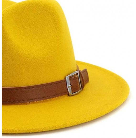 Fedoras Classic Men & Women Wide Brim Fedora Panama Hat with Belt Buckle - Yellow - C518UX6KDIO