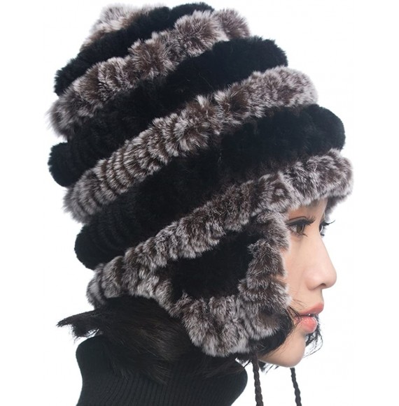Bomber Hats Women's Rex Rabbit Fur Hats Winter Ear Cap Flexible Multicolor - Coffee & Black - CH11FG5AP2X