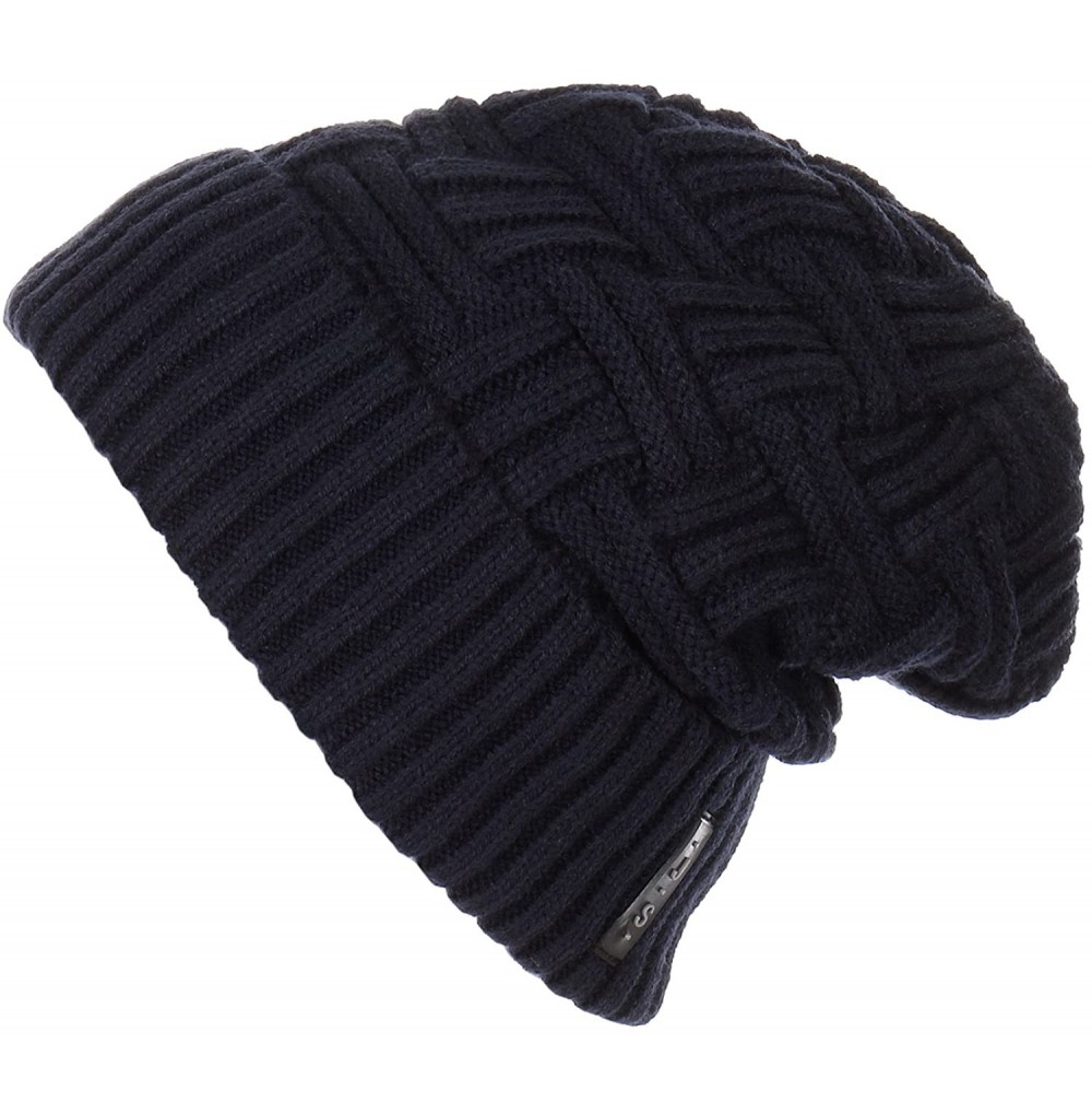 Skullies & Beanies Trendy Warm Ribbed Beanie Thick Slouchy Stretch Cable Knit Hat Soft Unisex Solid Skull Cap - Navy - CP188I...