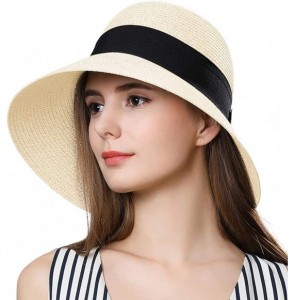 Fedoras Packable Womens Straw Cloche Derby Fedora Summer Wide Brim Sun Hat Floppy Beach 55-60cm - Beige_69087 - CX18G2RNZLN