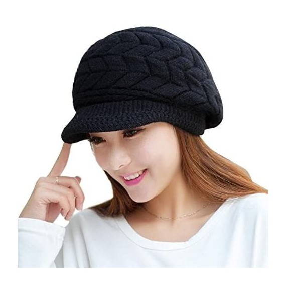 Skullies & Beanies Women Winter Knit Hats with Visor - Warm Berets Caps Knitted Wool Baggy Snow Ski Beanie Hat - Black - CV19...