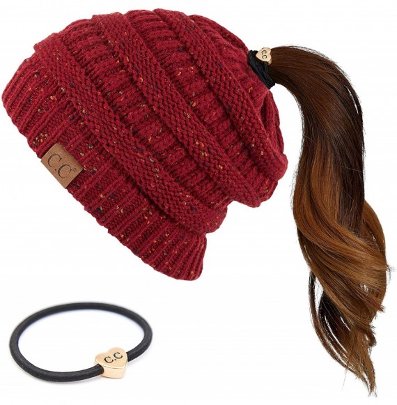 Skullies & Beanies Ribbed Confetti Knit Beanie Tail Hat for Adult Bundle Hair Tie (MB-33) - Burgundy (With Ponytail Holder) -...