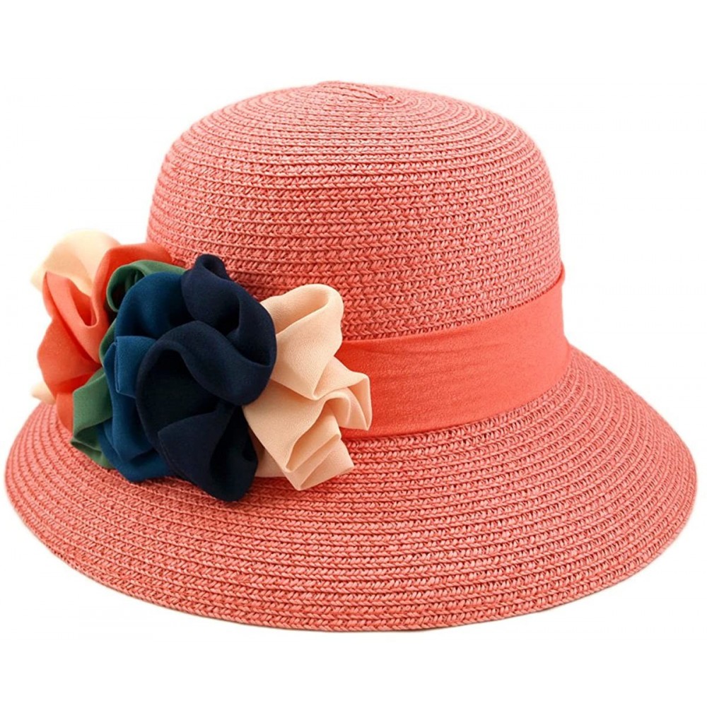 Sun Hats Deluxe Flower Straw Sun Hat - Different Colors & Bands Available - Pink - CH11DSBPRLH