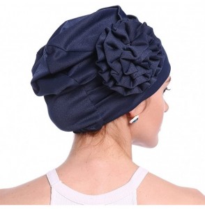 Skullies & Beanies Women Chemo Cap Turban Headwear Sleep Hat with Elegant Side Flower Pleated Skull Caps - Navy - CY183WL80AZ