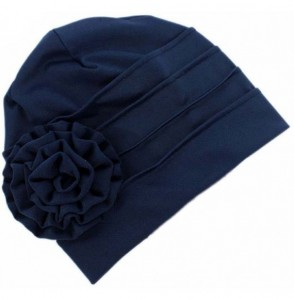 Skullies & Beanies Women Chemo Cap Turban Headwear Sleep Hat with Elegant Side Flower Pleated Skull Caps - Navy - CY183WL80AZ